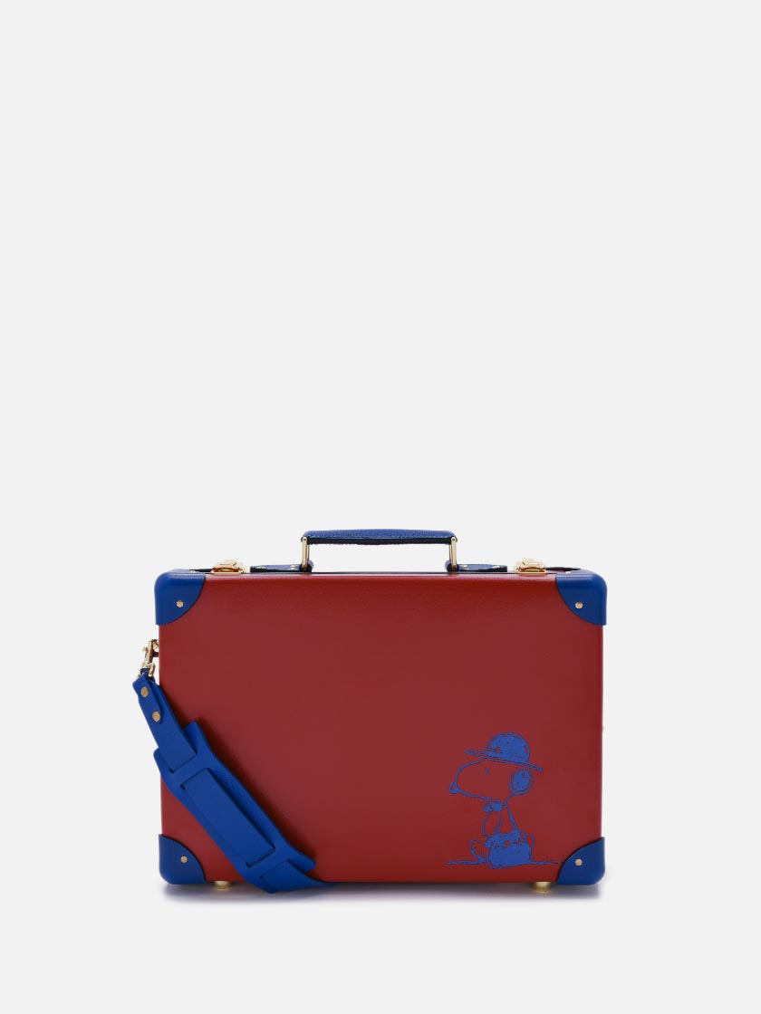 Globe-Trotter x PEANUTS Collaboration. Small Attaché (Briefcase) With Detachable Strap Featuring Snoopy in Doghouse Red and Cobalt Blue.