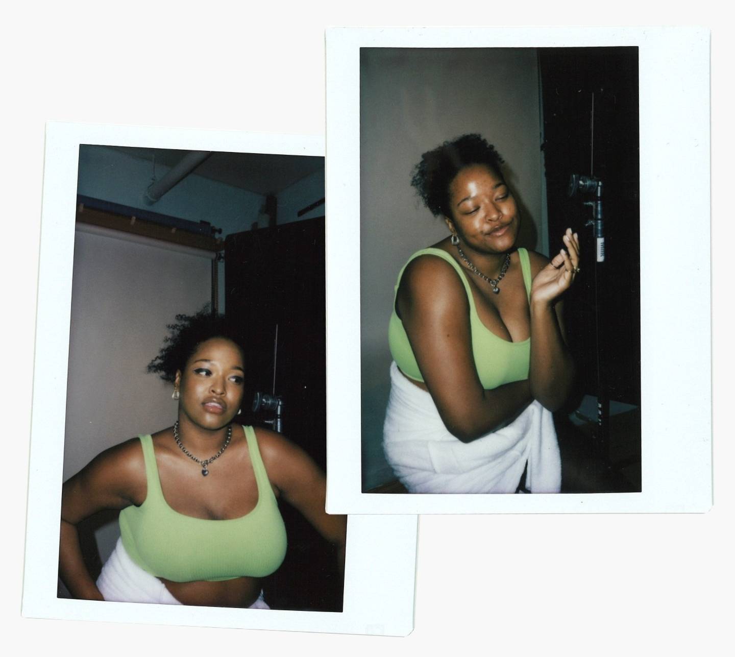 Two polaroids of model Imani Randolph on the set of Milk summer beauty shoot
