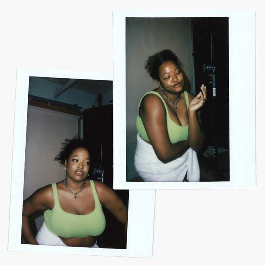 Two polaroids of model Imani Randolph on the set of Milk summer beauty shoot