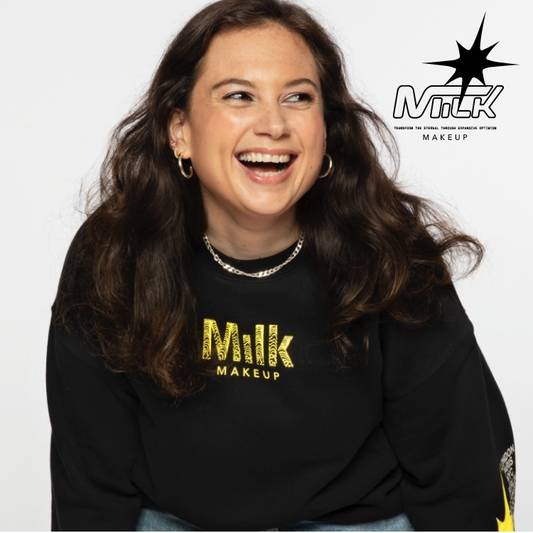 Sam wears Milk Makeup x Joe Perez Merch Collab black crewneck