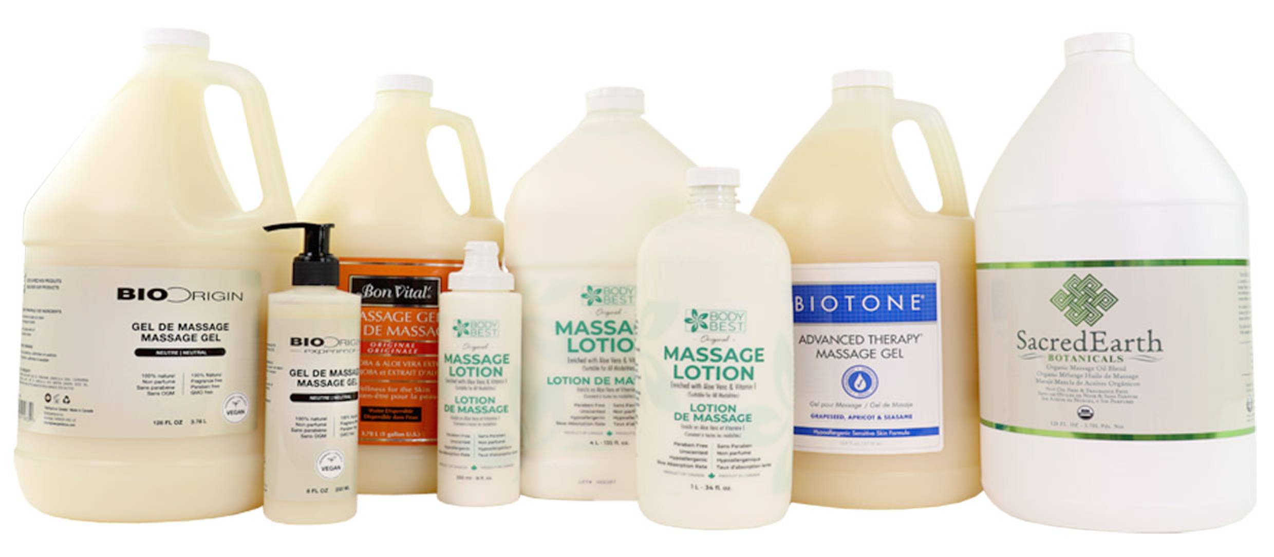 A wide range of massage lotions, gels, and oils are available from Body Best
