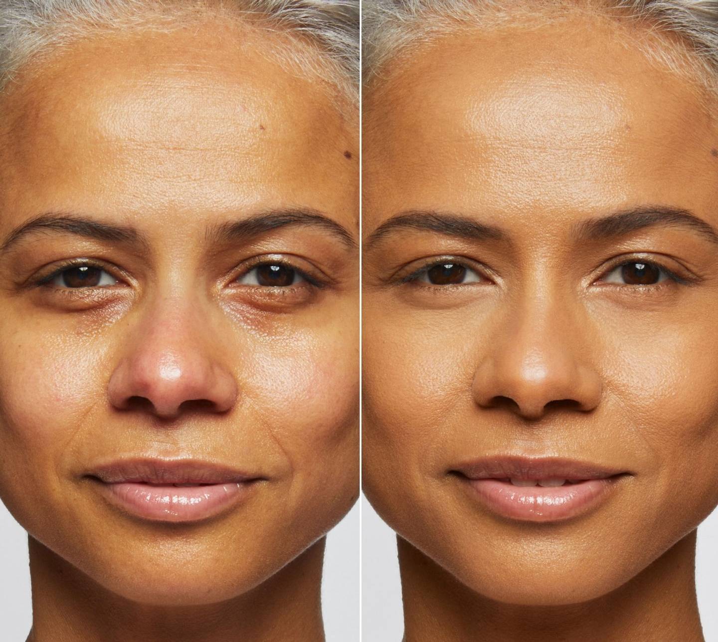 Side-by-side of a model before and after applying Milk Makeup Future Fluid All Over Cream Concealer. 