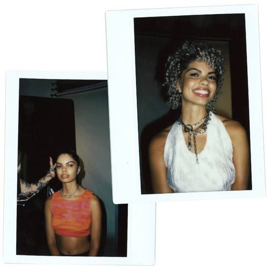 Image of two polaroids of Milk Makeup RISE Mascara model Eka Eyoh on a white background.
