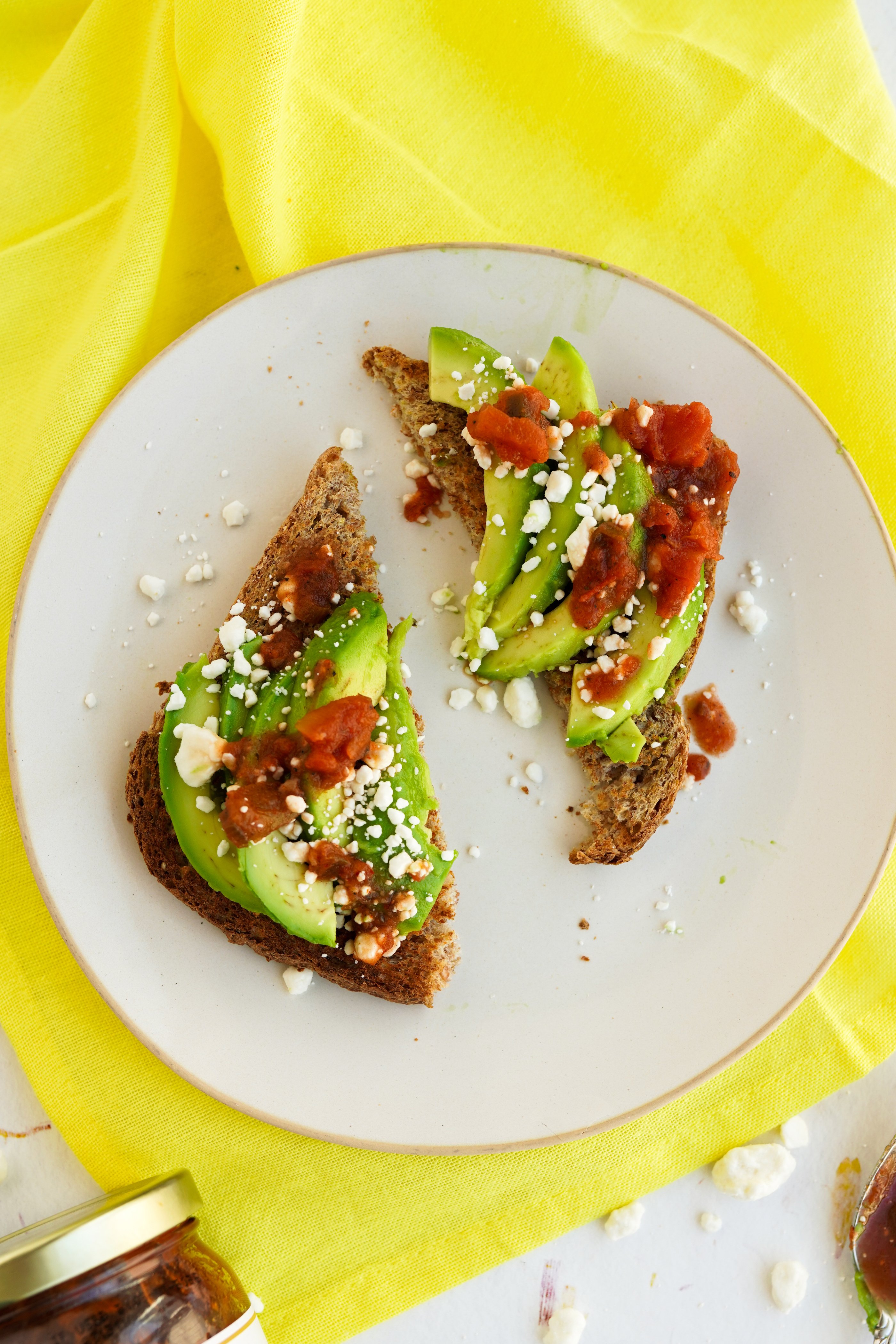 Avocado toast with salsa roja made with Sonoma Gourmet's salsa roja