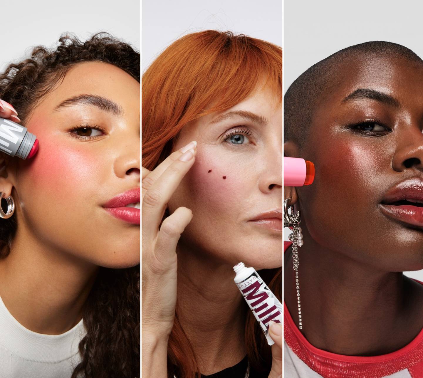 models in different skin tones apply blush