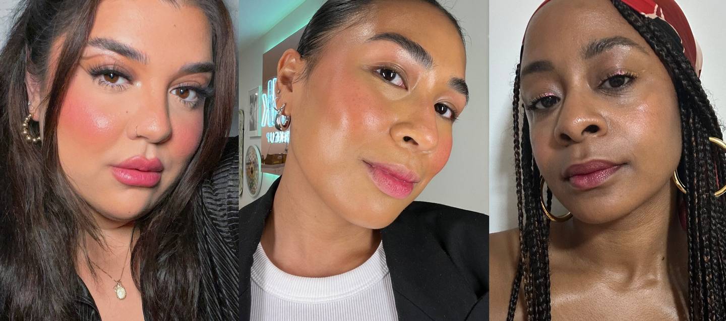 Triptych of three people  with three different skin tones wearing Milk Makeup Lip + Cheek in Quickie.