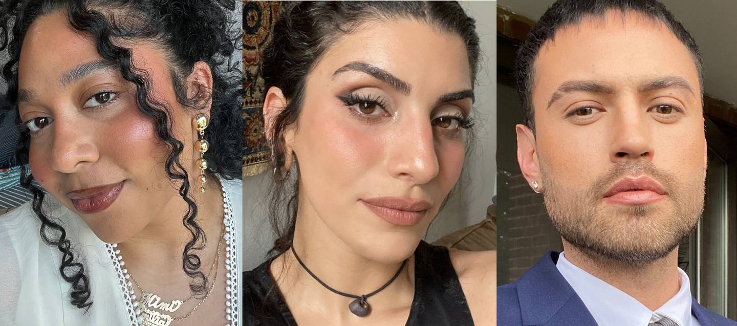 Triptych of three people wearing wedding guest makeup