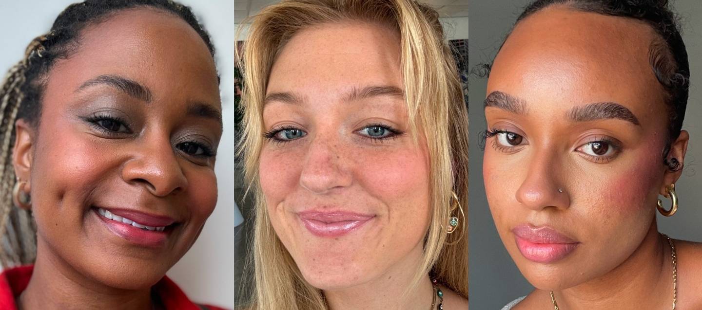 Models wear Milk Makeup Lip + Cheek in Perk to create coral lip looks