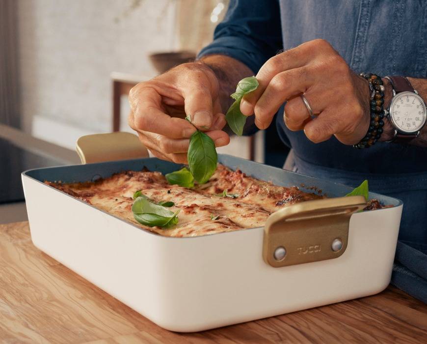 Stanley Tucci's lasagne verde recipe in Tucci by GreenPan lasagne pan