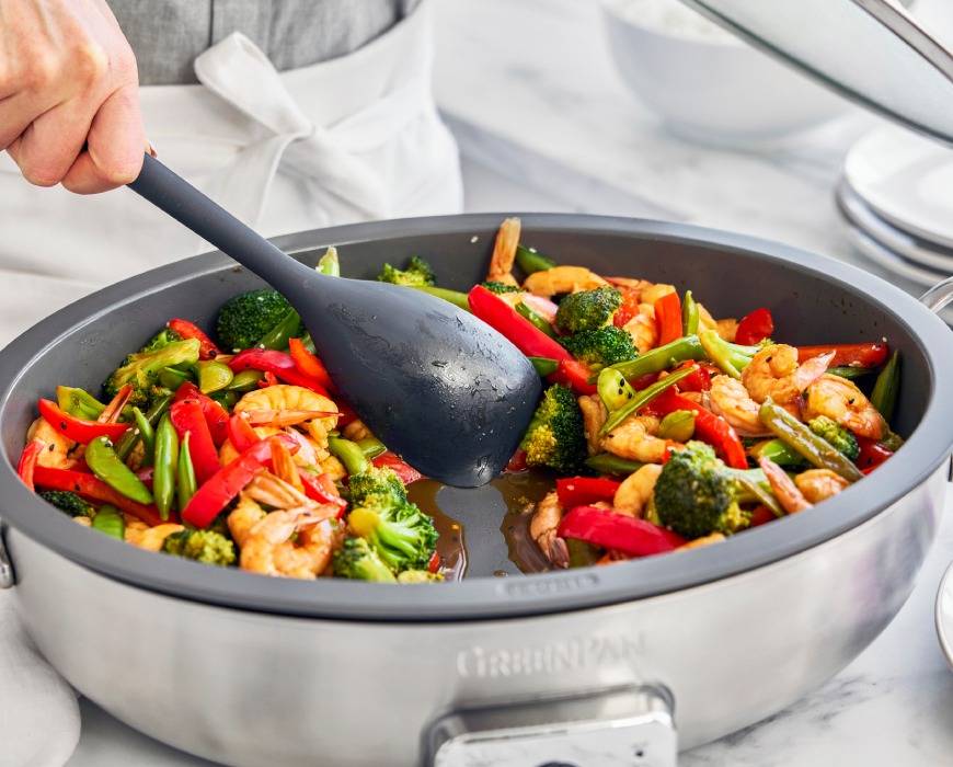 Shrimp and veggie stir fry in the GreenPan Premiere Stainless Steel Elite Oval Electric Skillet