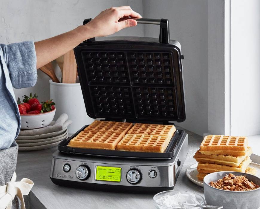 Belgian-style waffle makers in the GreenPan Ceramic Nonstick Elite 4-Square Waffle Maker