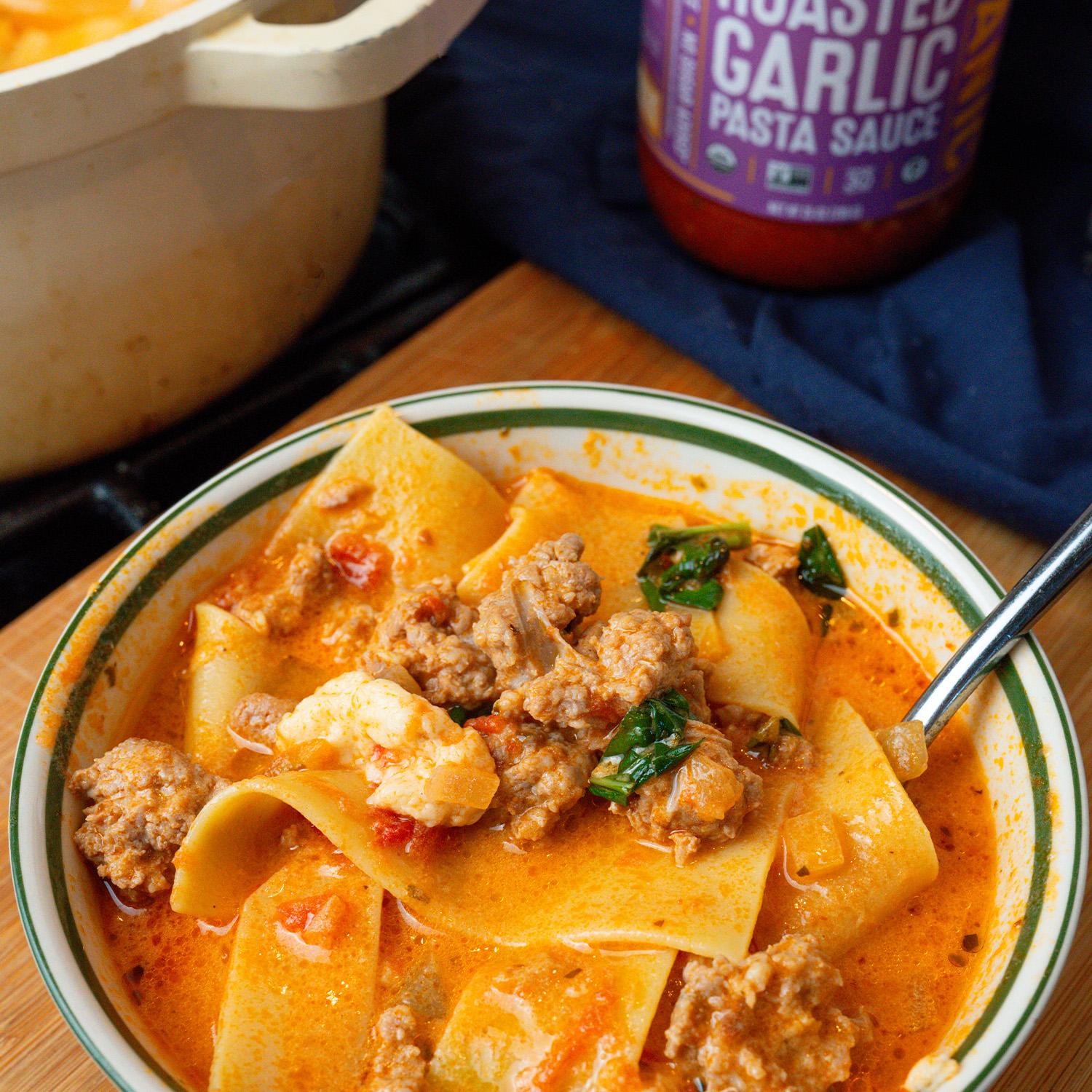 Viral lasagna soup made with Sonoma Gourmet's roasted garlic sauce and proof 100 california extra virgin olive oil