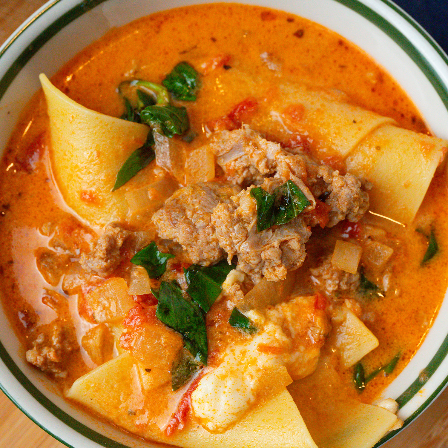 Viral lasagna soup made with Sonoma Gourmet's roasted garlic sauce and proof 100 california extra virgin olive oil