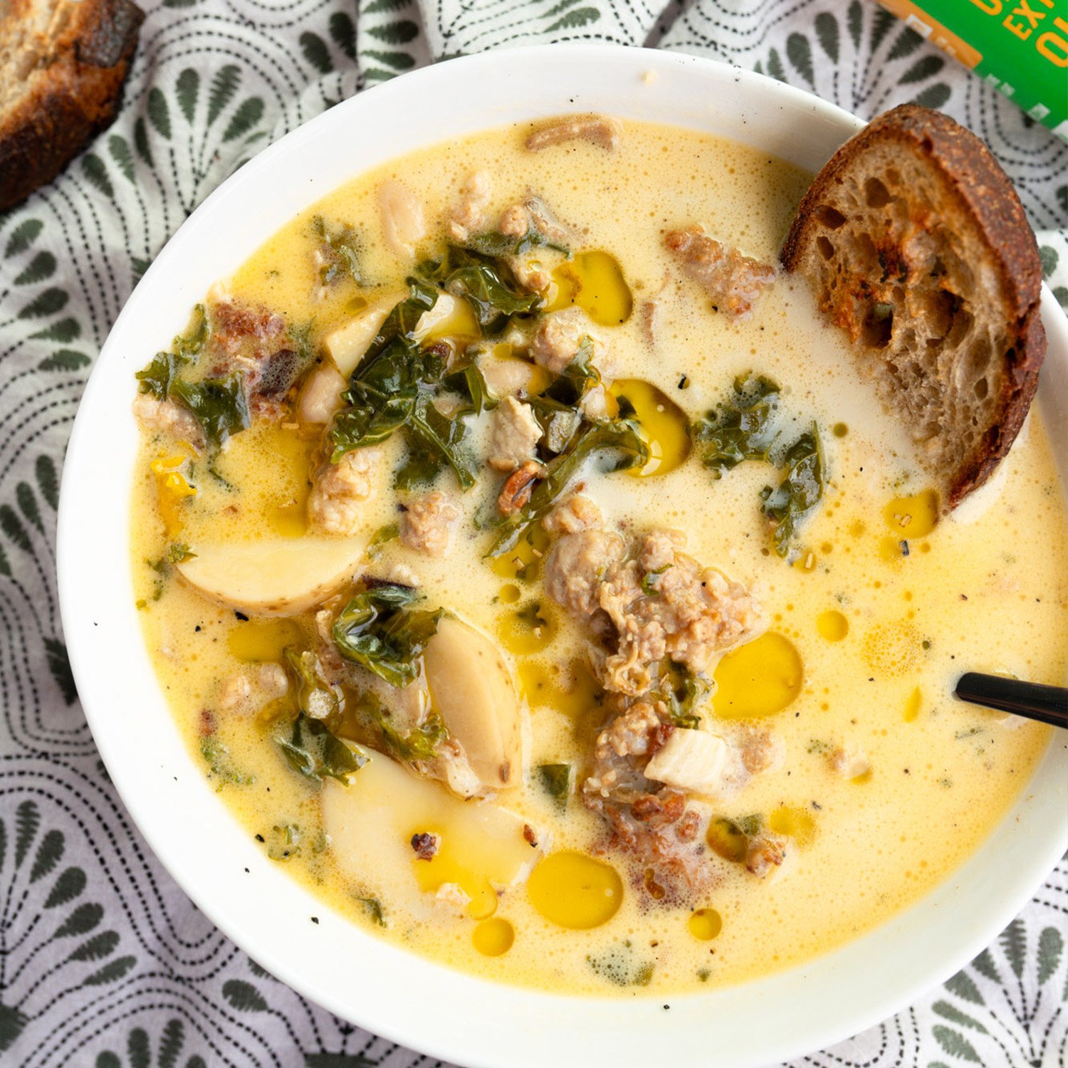 Sausage, kale & potato garlicky soup made with Sonoma Gourmet's garlic herbs olive oil