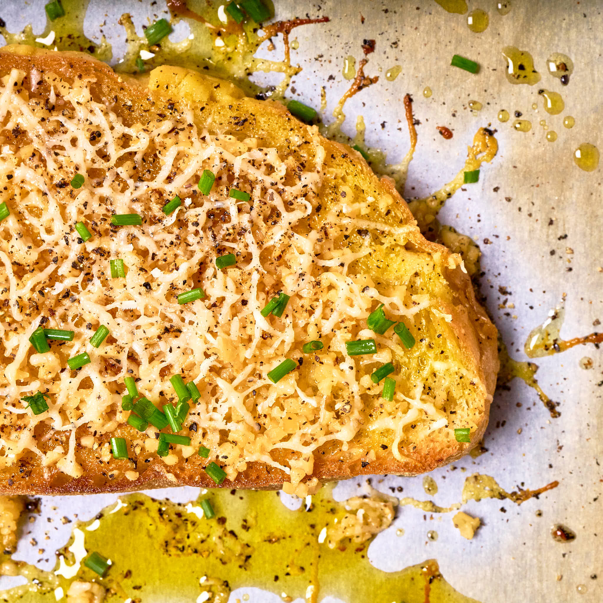 Ultimate garlic toast made with Sonoma Gourmet's sauteed garlic olive oil