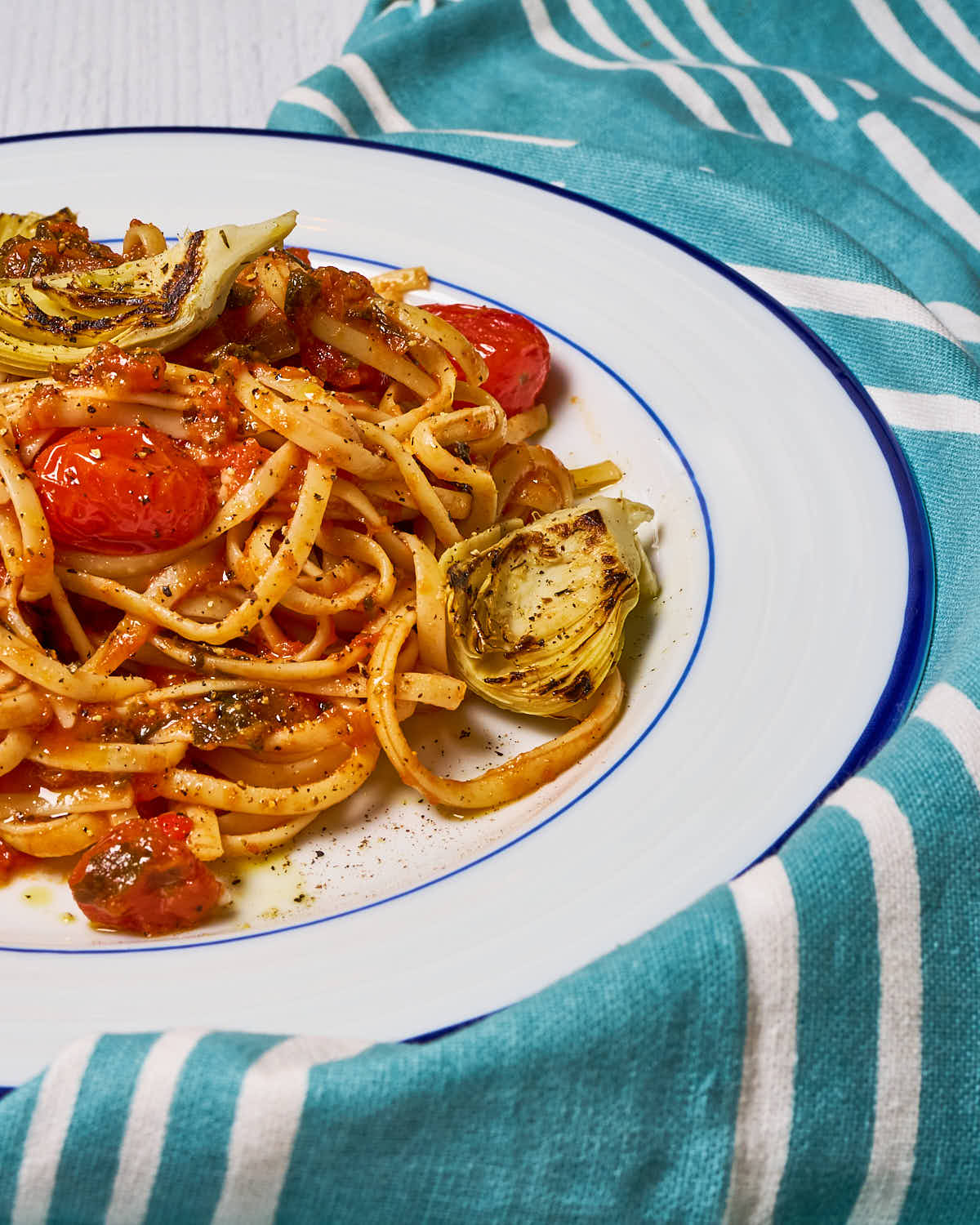 Seven veggie, plus a few more, linguine made with Sonoma Gourmet's roasted veggie sauce and proof 100 california extra virgin olive oil