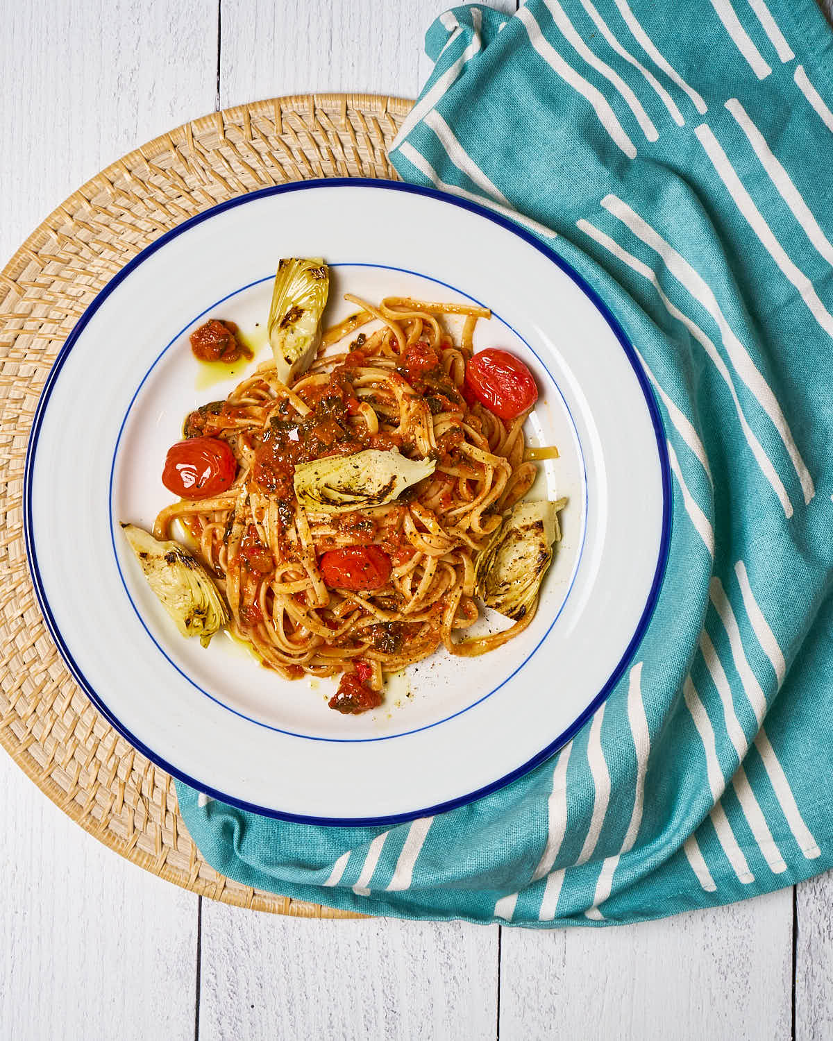 Seven veggie, plus a few more, linguine made with Sonoma Gourmet's roasted veggie sauce and proof 100 california extra virgin olive oil