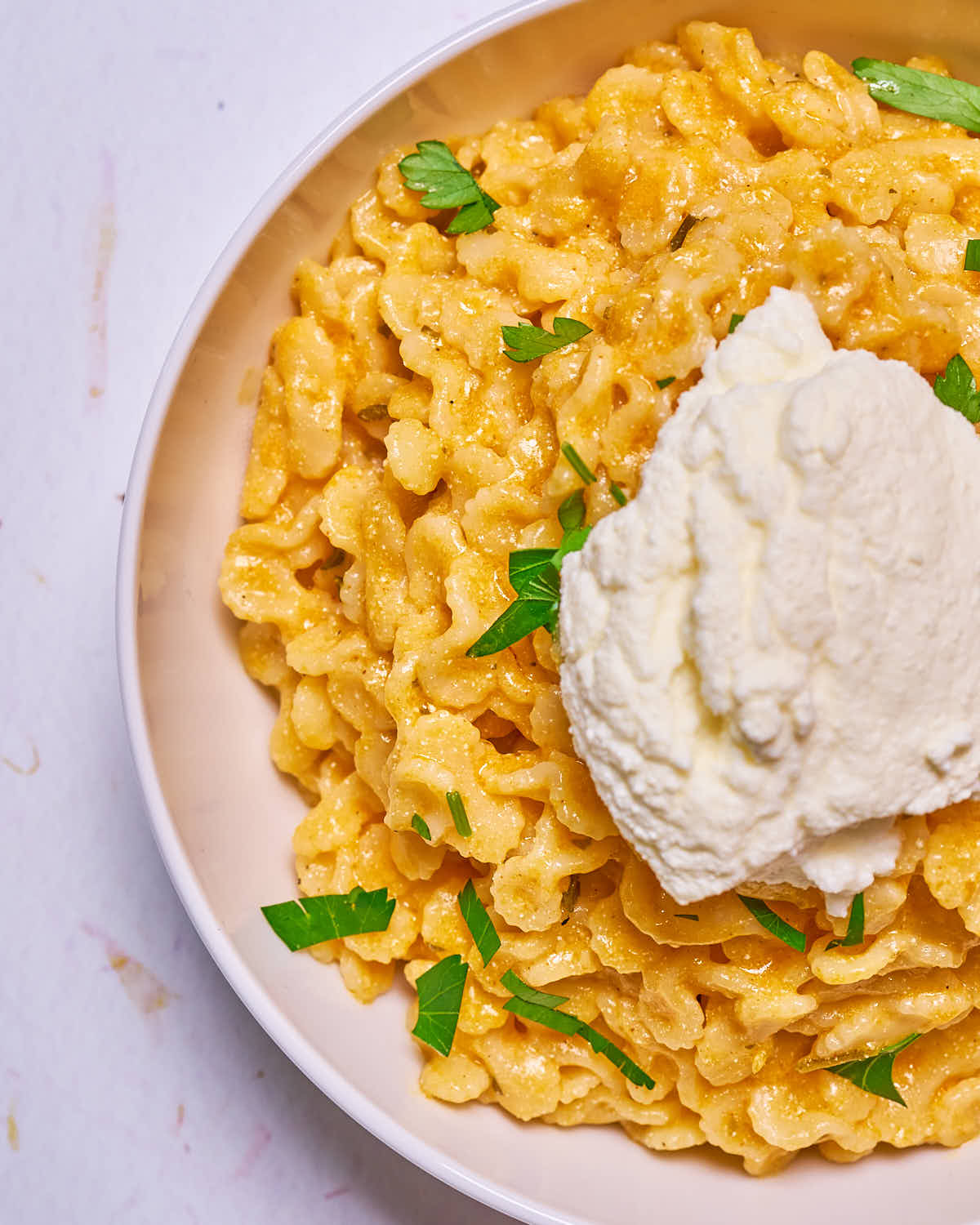 Creamy buffalo ranch farfalline with ricotta made with Sonoma Gourmet's creamy buffalo ranch pasta sauce and proof 100 california extra virgin olive oil