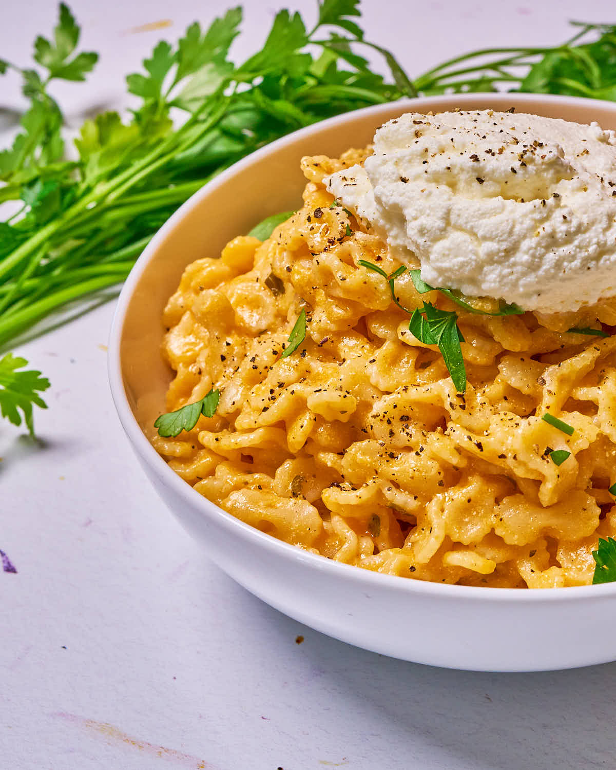 Creamy buffalo ranch farfalline with ricotta made with Sonoma Gourmet's creamy buffalo ranch pasta sauce and proof 100 california extra virgin olive oil