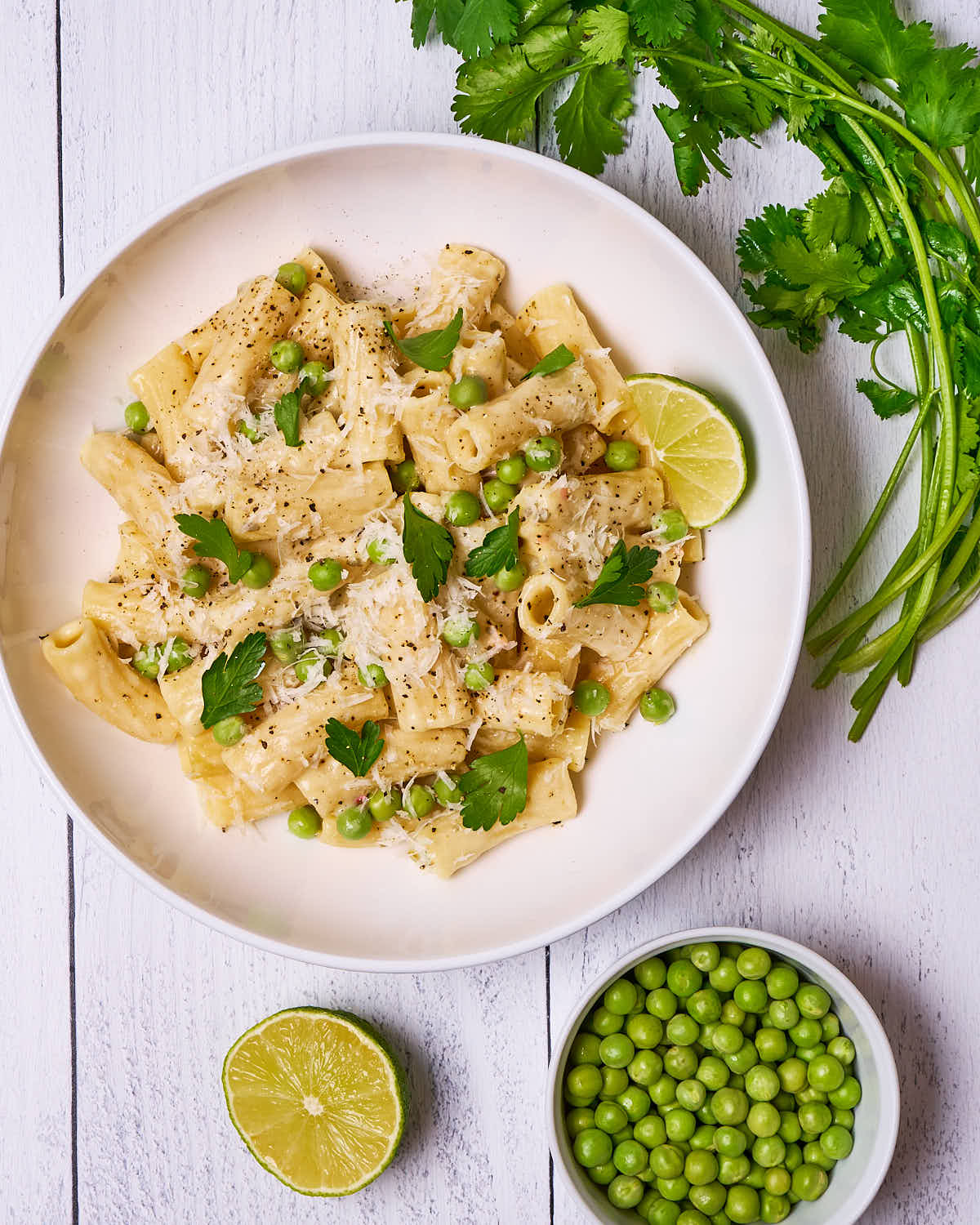 Cilantro & lime rigatone with english peas made with Sonoma Gourmet's cilantro lime pasta sauce and proof 100 california extra virgin olive oil