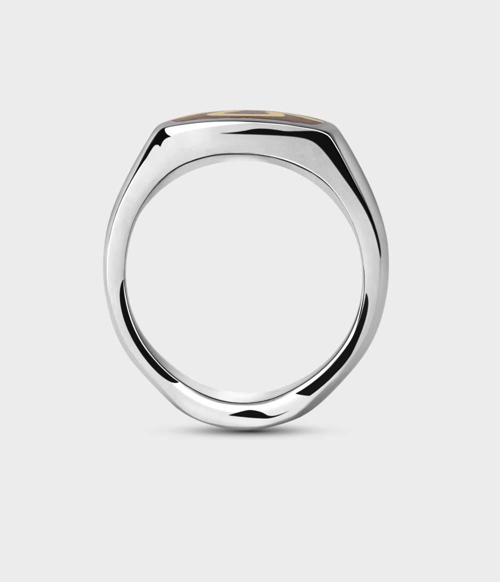 London Oak River Signet Ring in Silver with 9 Carat Yellow Gold with Diamond, size O1/2