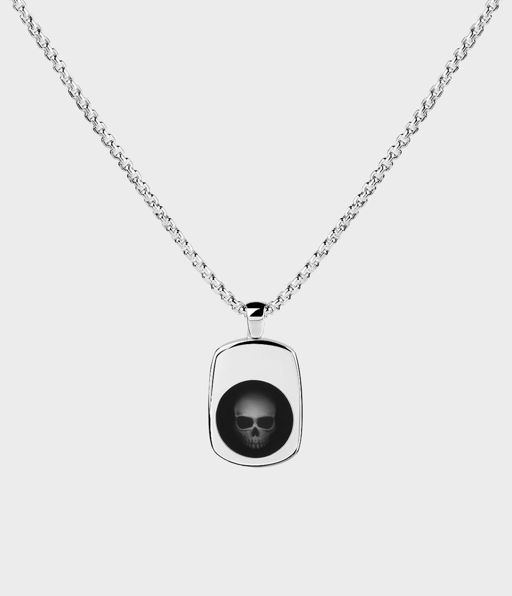Ghost Skull Enamelled Signet Necklace / Black Enamel / Silver