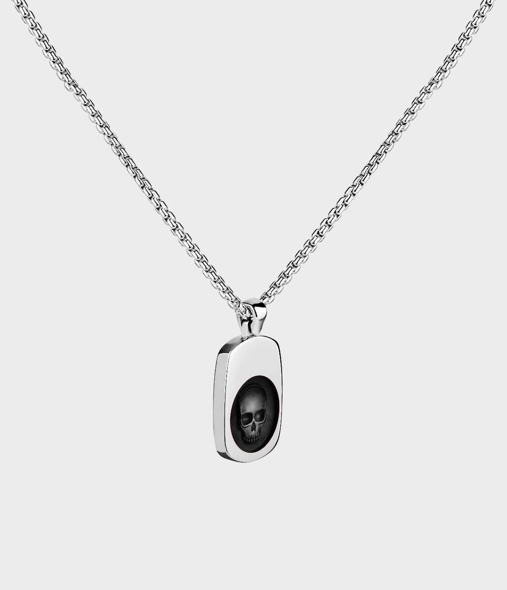 Ghost Skull Enamelled Signet Necklace / Black Enamel / Silver