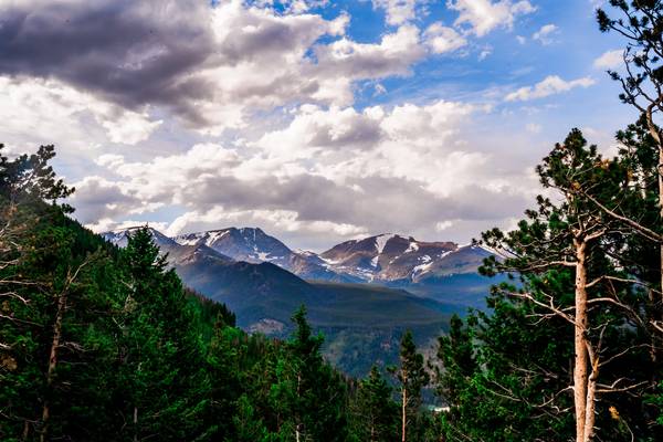 Bright green evergreen trees frame the snowy Rocky Mountains and a blue sky with dramatic white and grey clouds