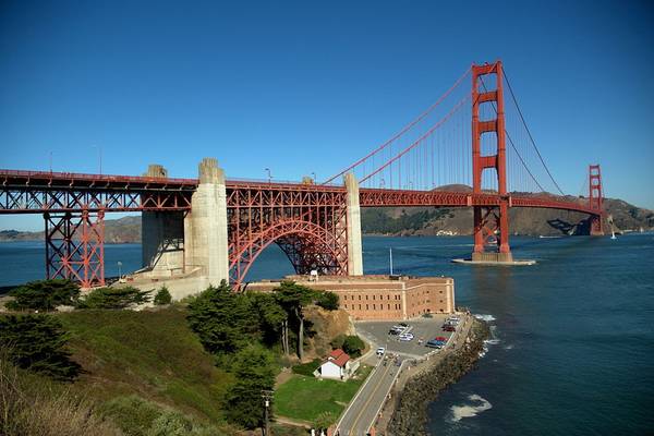 View of Golden Gate Bridge from the Presidio in San Francisco on a clear cloudless day