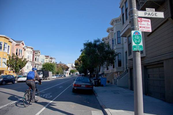 A bicyclist with a blue backpack and blue helmet rides in the bike lane along The Wiggle bike route in San Francisco