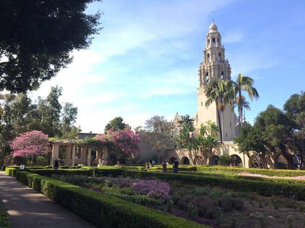 The iconic California Tower in San Diego's Balboa Park, with manicured gardens and palm trees on the ground and light wispy clouds in a blue sky