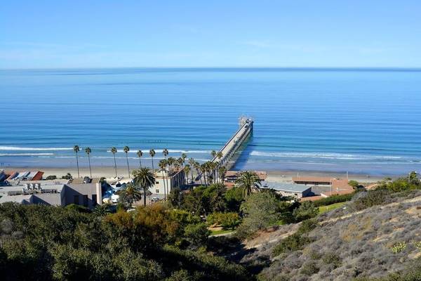 Sunny cloudless day with hillside view of Scripps Pier, homes, palm trees, and the Pacific Ocean at La Jolla Shores in San Dieg