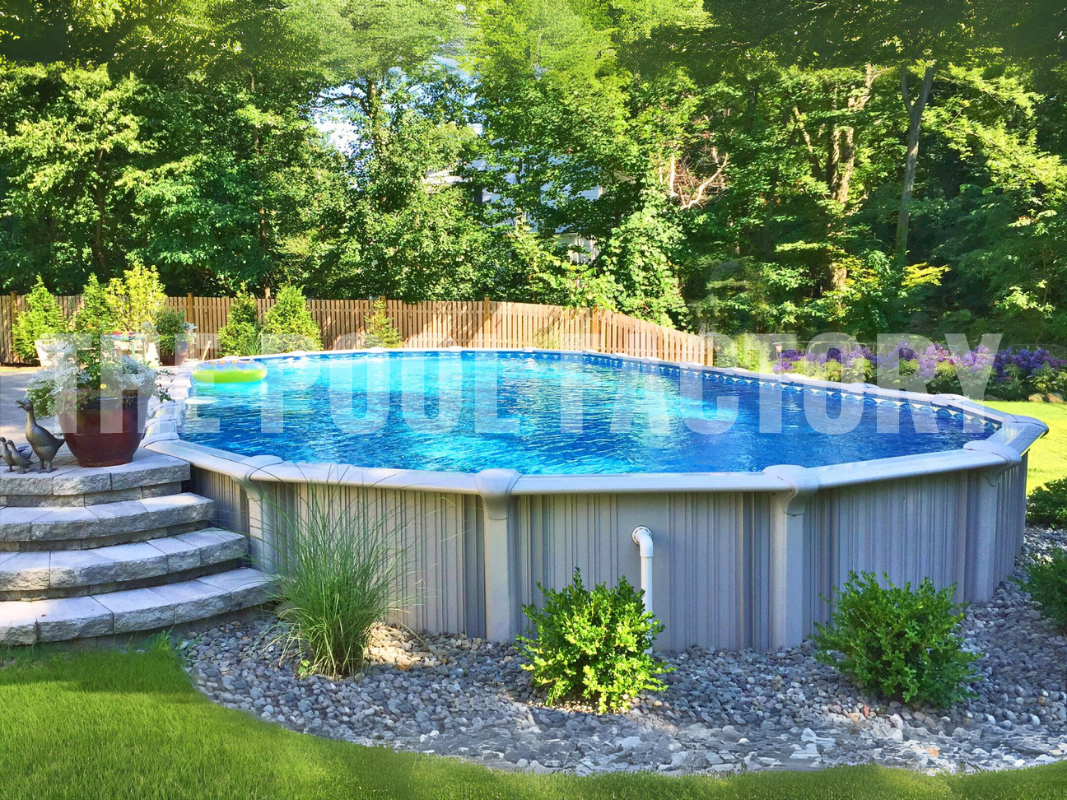 Oval semi-inground swimming pool with shrubs, trees, and stone patio deck