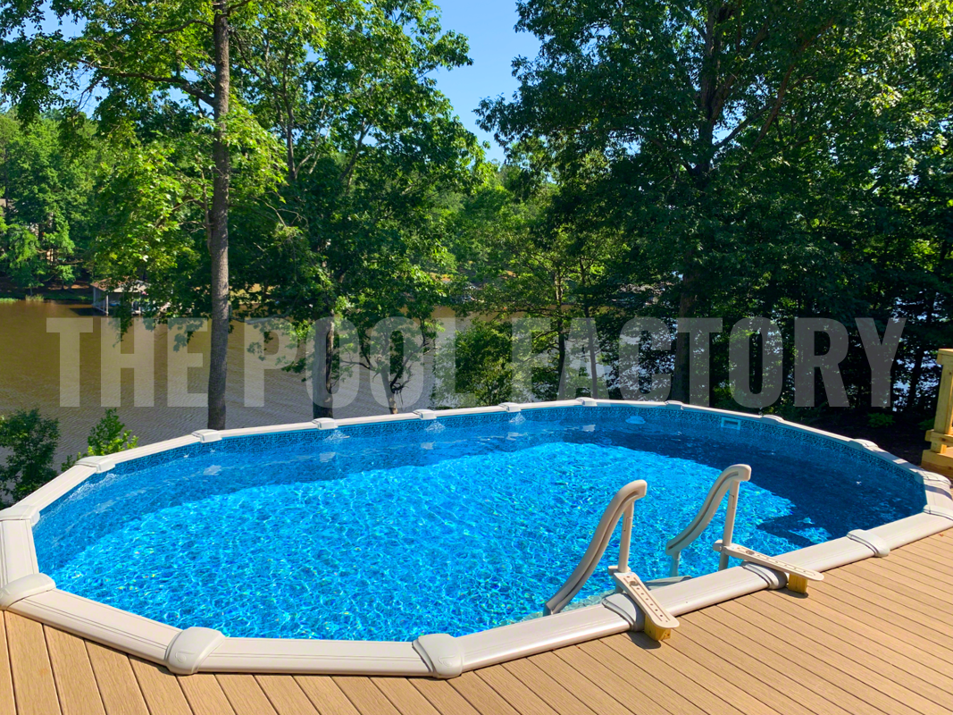 Backyard with oval semi-inground pool, lake view, and partial deck