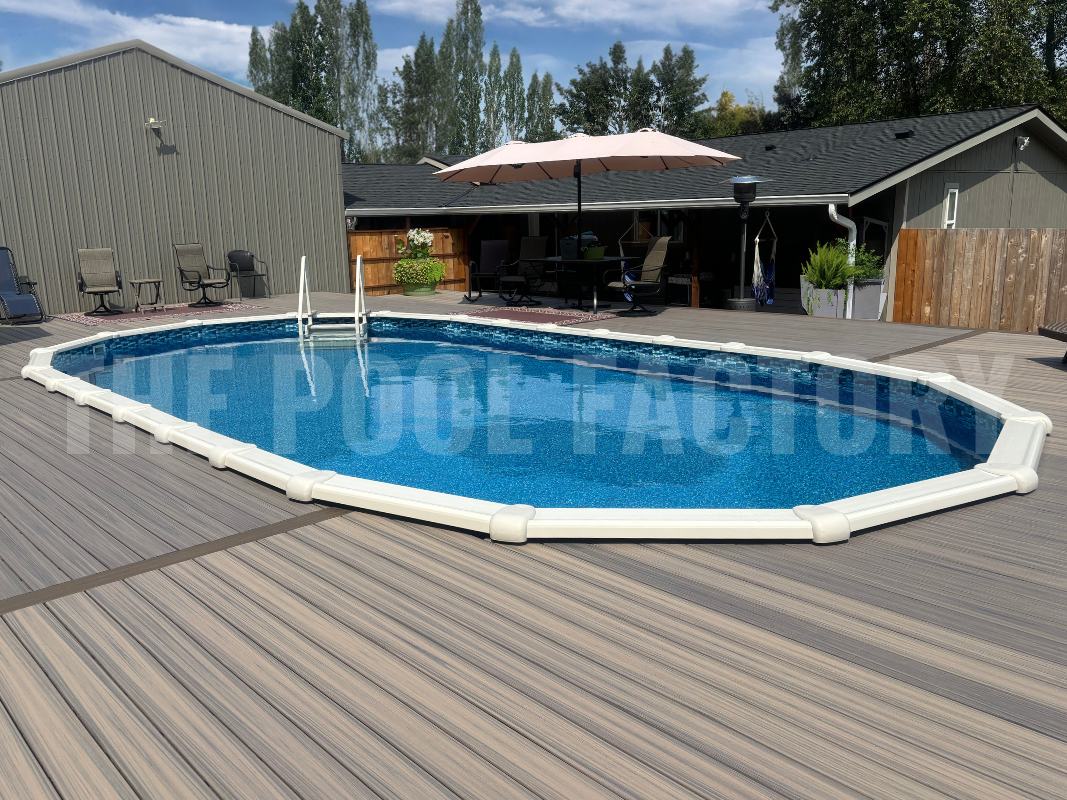 Oval above ground swimming pool with wrap around deck and outdoor seating