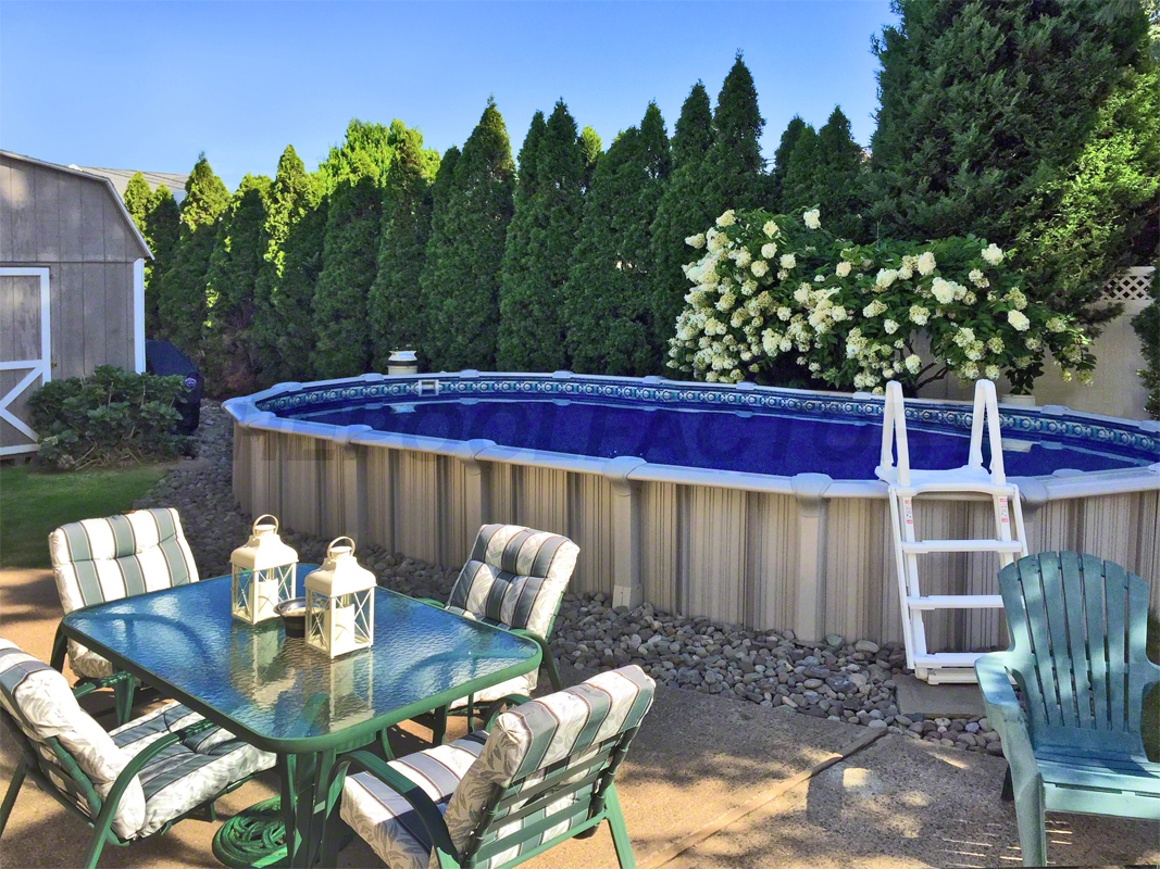 Oval above ground swimming pool in a landscaped backyard with tall shrubs