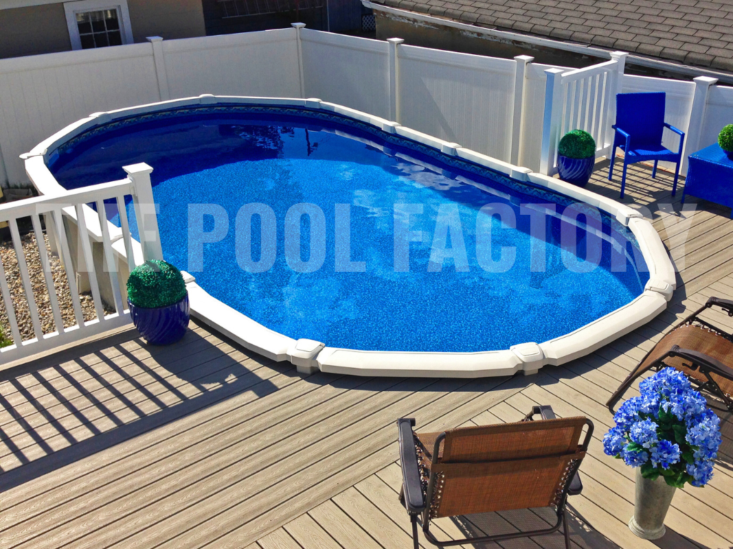 Above ground saltwater pool with partial deck and privacy vinyl fence