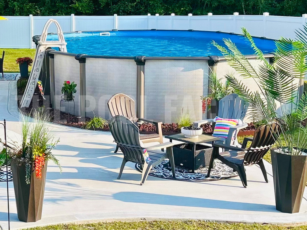 Backyard with an oval above-ground pool and cozy fire pit
