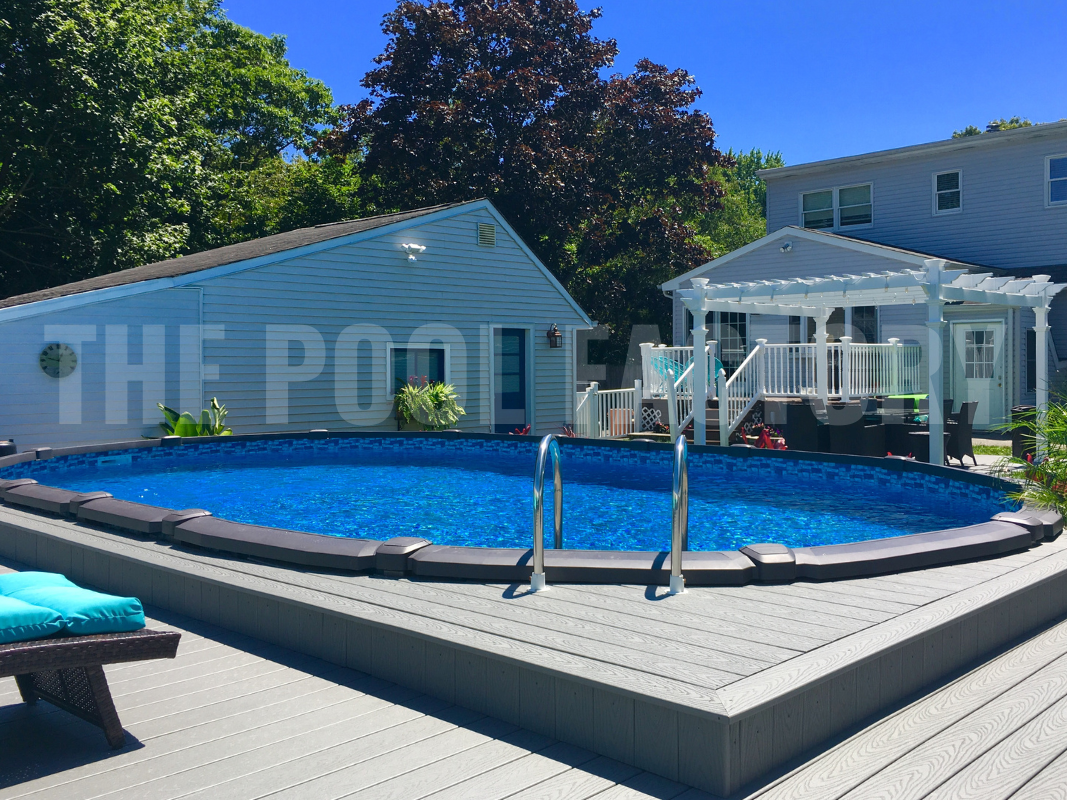 Oval saltwater swimming pool with deck and gazebo 