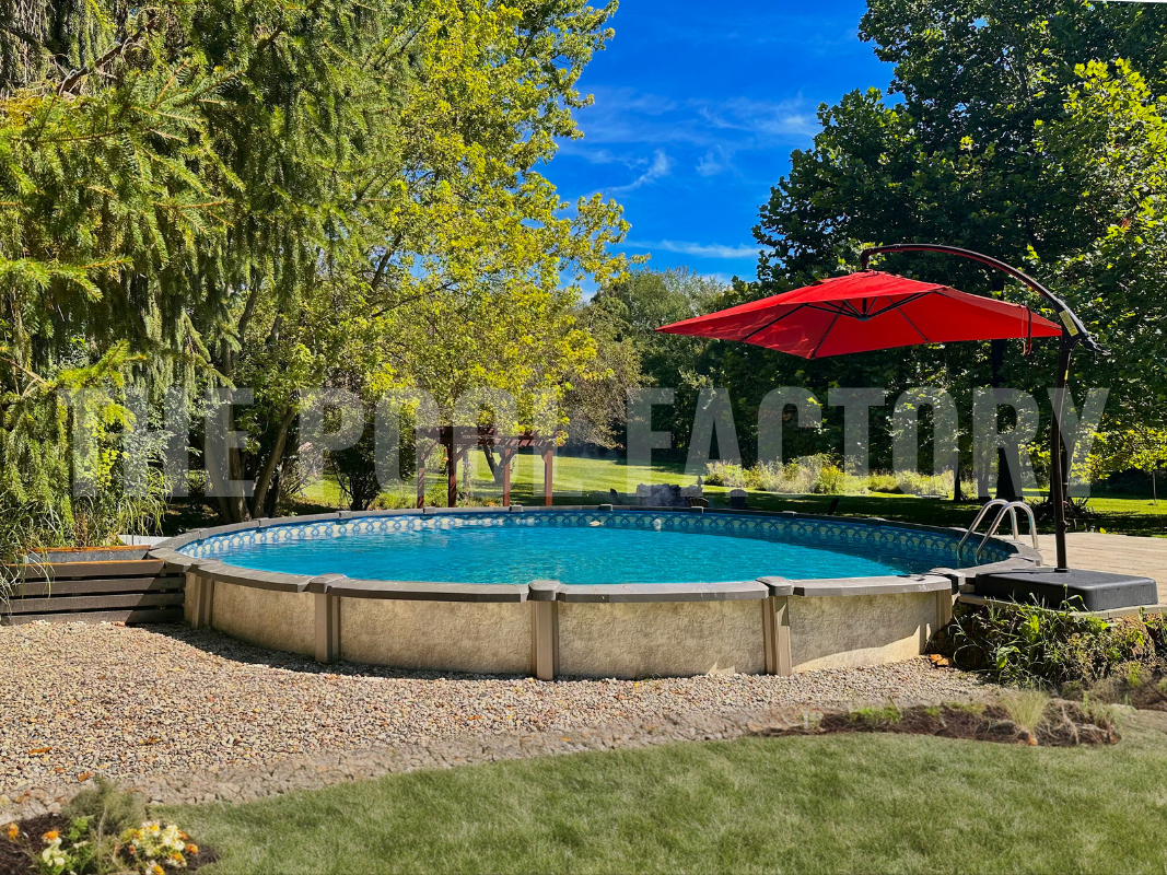 Semi inground saltwater pool with platform deck and luscious greenery