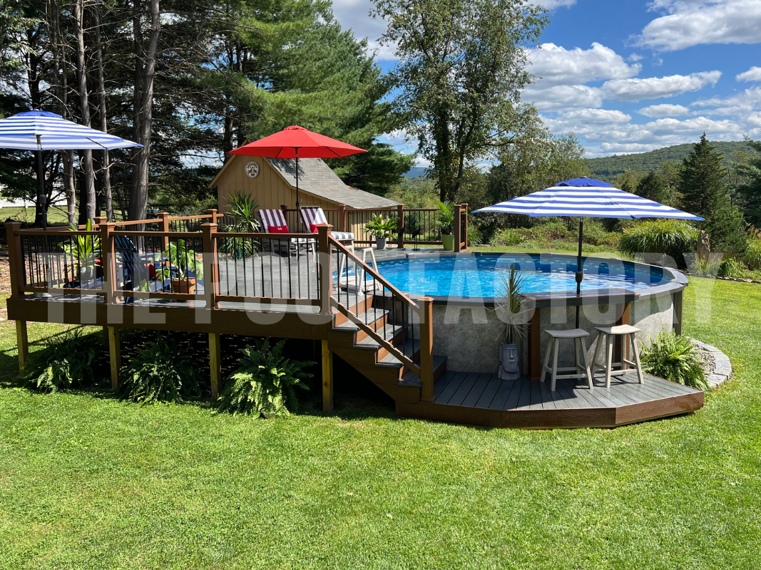 Above ground round saltwater pool with partial deck, lounge chairs and mountain view
