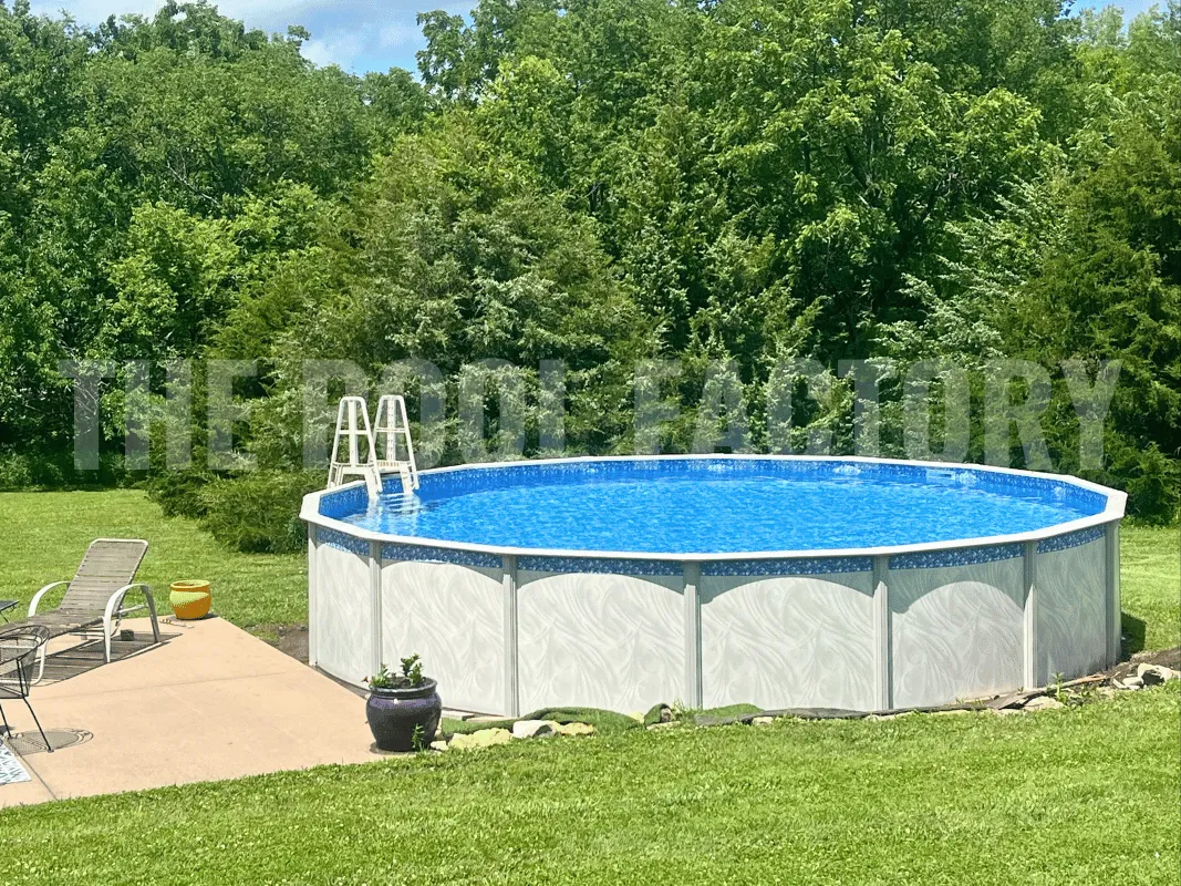 Round above ground pool with beautifully maintained grass and seating area for relaxation
