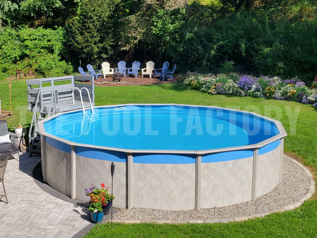 Round above ground swimming pool with flower bed, cozy fire pit with comfy outdoor seating