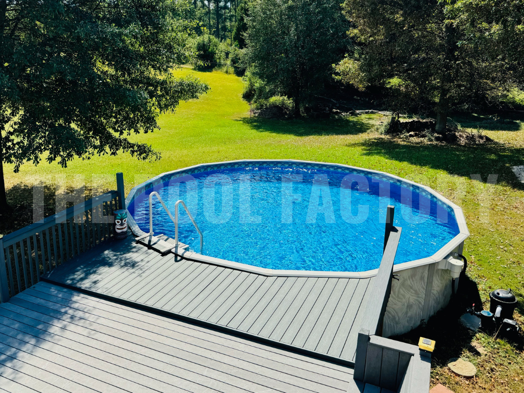 Round above ground pool with a small deck for easy access