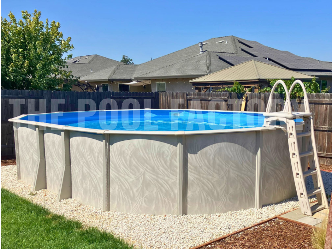 Oval above ground swimming pool with a ladder in a beautifully landscaped backyard