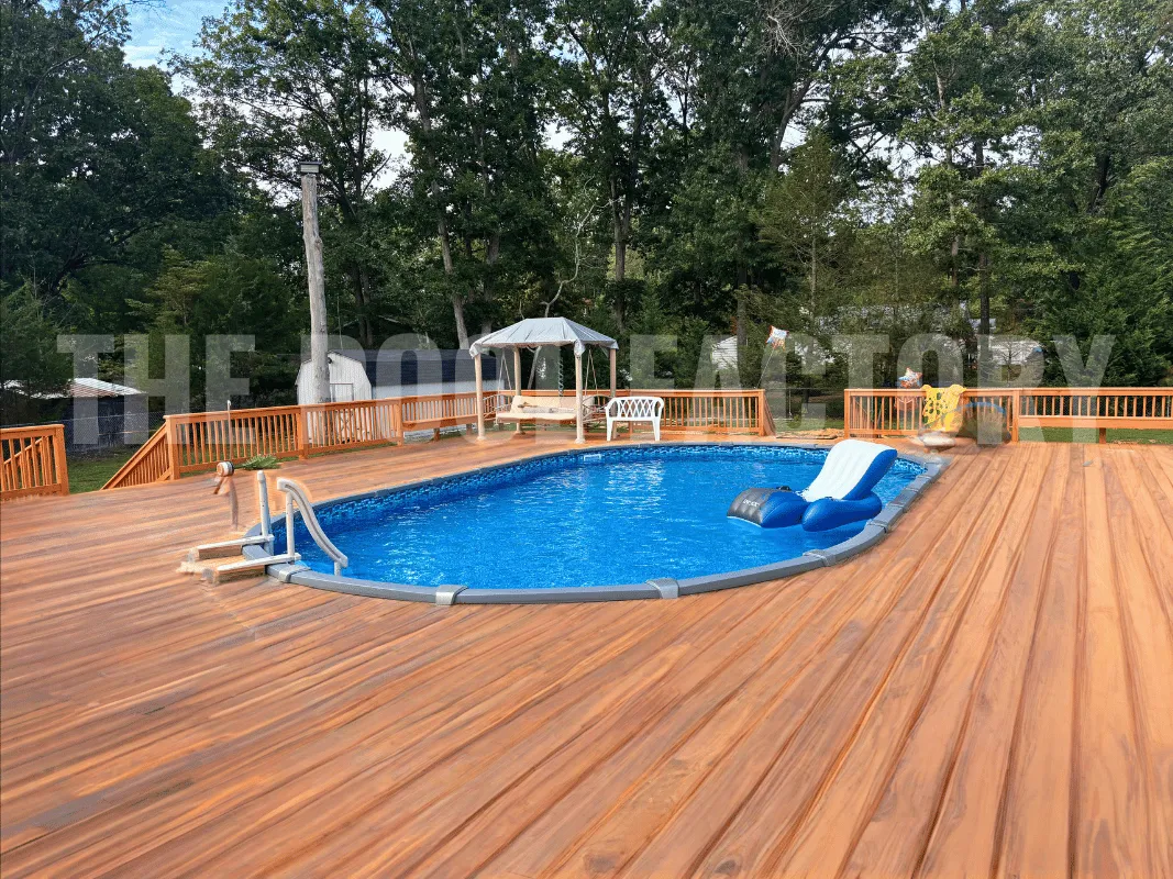 Saltwater pool partially above ground with beautiful cedar deck