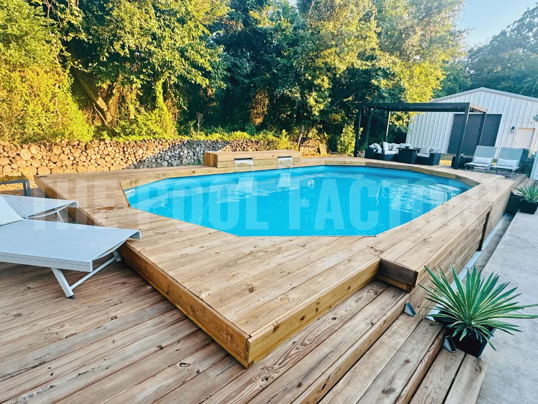 Above ground saltwater pool with full wraparound multi-level deck