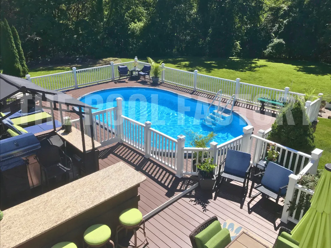 Backyard oasis with saltwater semi-inground pool, outdoor dining set, and multi-level deck