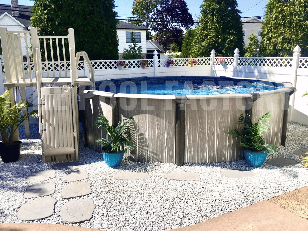 Round above ground swimming pool with resin In-Pool Deck and safety Pool Steps