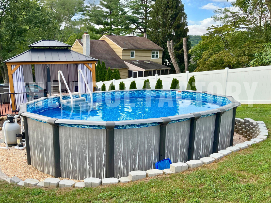 Above ground oval swimming pool with gazebo and comfortable seating